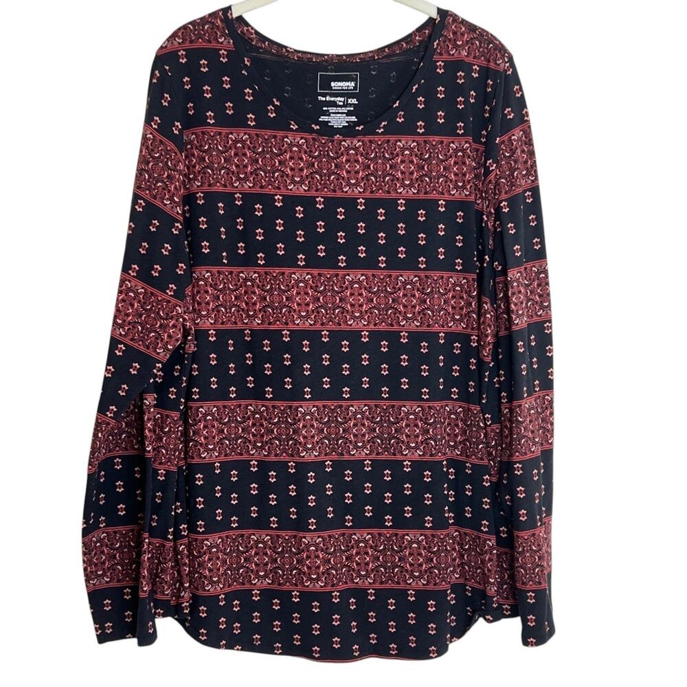 Sonoma Womens The Everyday Tee XXL Black Red Mixed Print Long Sleeve Round Neck